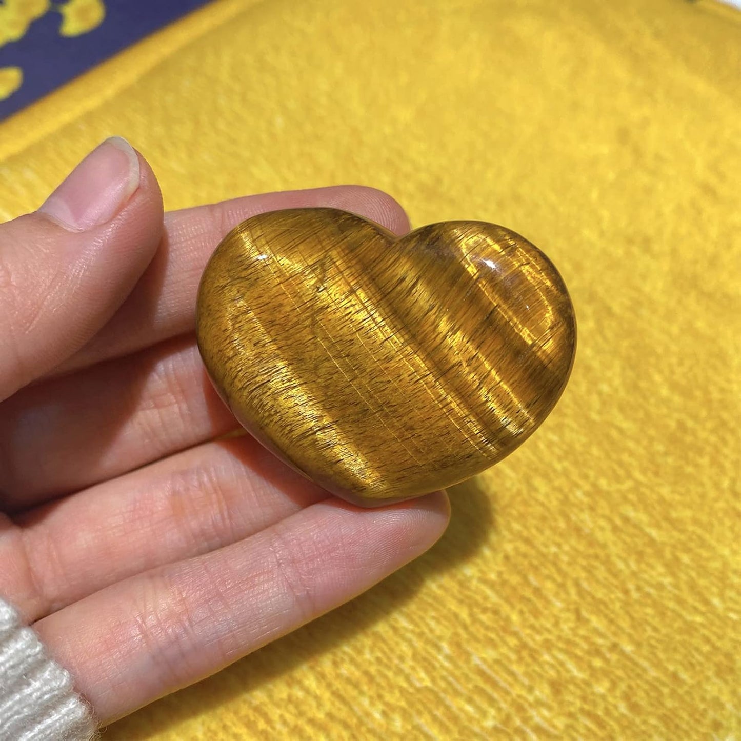QINJIEJIE 1.8" Large Heart Crystal Love Stone Tigers Eye Smooth Gua Sha Healing Crystals Decor Meditation Yoga Worry Stones Gemstone Pockets Reiki Energy Balancing