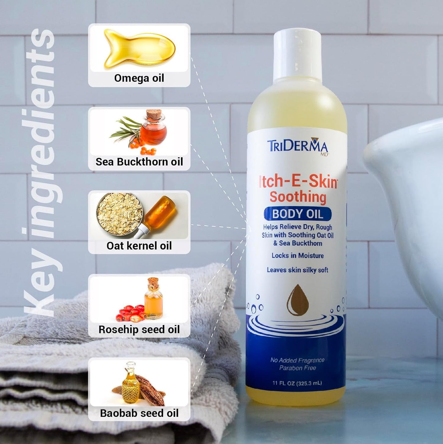 Itch-E-Skin Soothing and Moisturizing Body Oil with Sea Buckthorn Oil, Rose Hip Oil, Oat Oil to Relieve Itchy Skin, Non-Greasy Dry Body Oil, 12 ounces