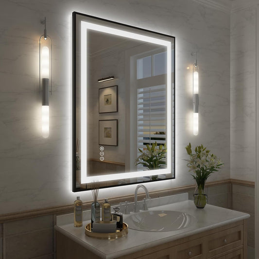 OKPAL 28x36 Black Frame LED Bathroom Mirror, Lighted Bathroom Mirror with Lights, Frontlit & Backlit Lighted Vanity Mirror, Anti-Fog, Dimmable, Shatterproof, Horizontal/Vertical