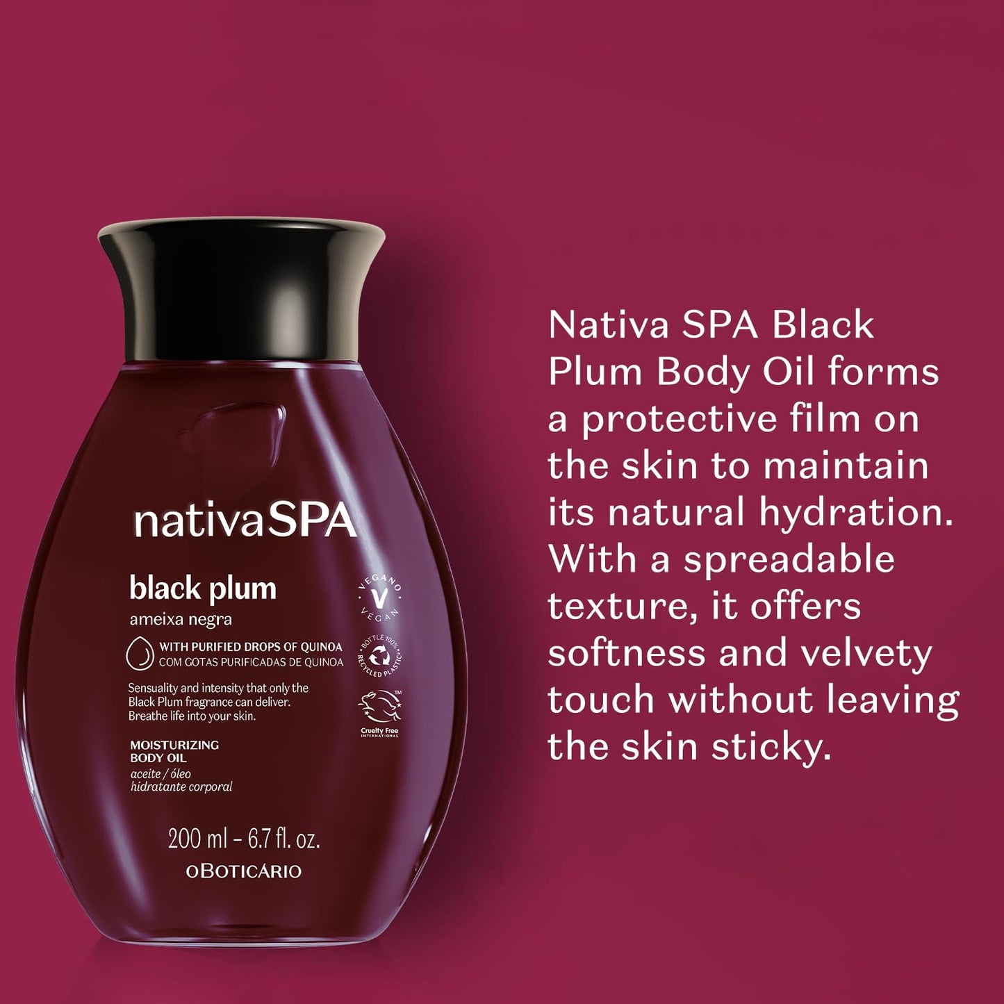 Nativa SPA by O Boticário, Black Plum Body Oil, Scented Moisturizer, Enriched with Purified Quinoa Drops to Boost Hydration, 6.8 Ounce