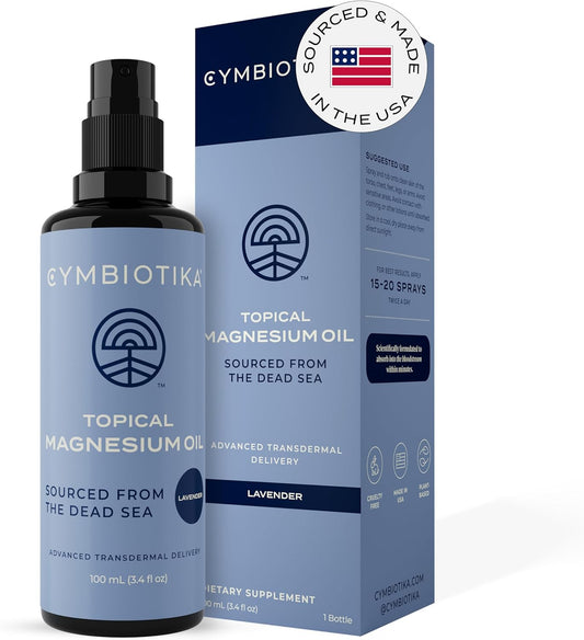 CYMBIOTIKA Topical Magnesium Oil Spray for Body, USA Made, Supplement for Leg Cramps, Muscle, Joint Health & Sleep Support, Includes Magnesium Chloride, Lavender Extract, Aloe Vera - Skin Applicator