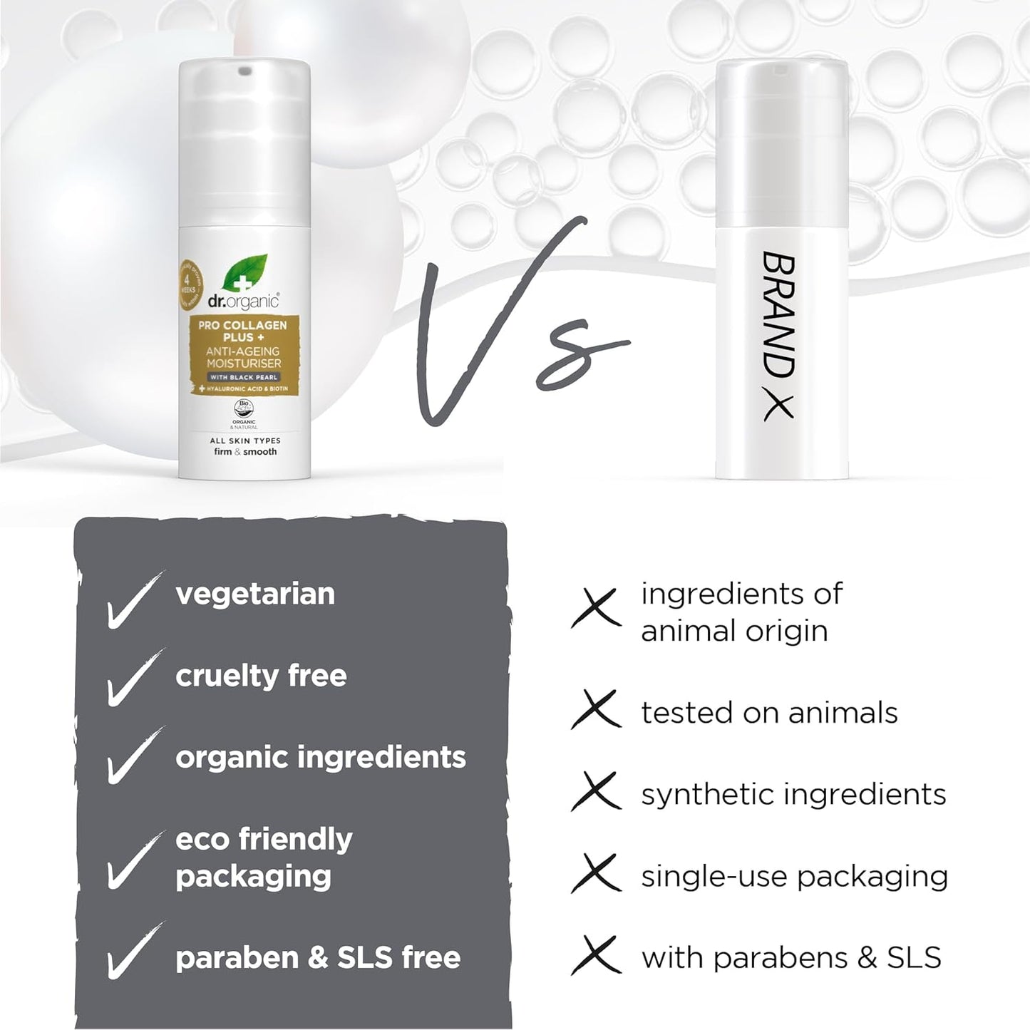 Dr. Organic Pro Collagen Plus + Anti-Ageing Moisturiser with Black Pearl | Firm & Smooth Skin, Reduces Wrinkles, (All Skin Types) Natural, Certified Organic, Paraben & SLS-Free, 50 mL / 1.7 fl oz