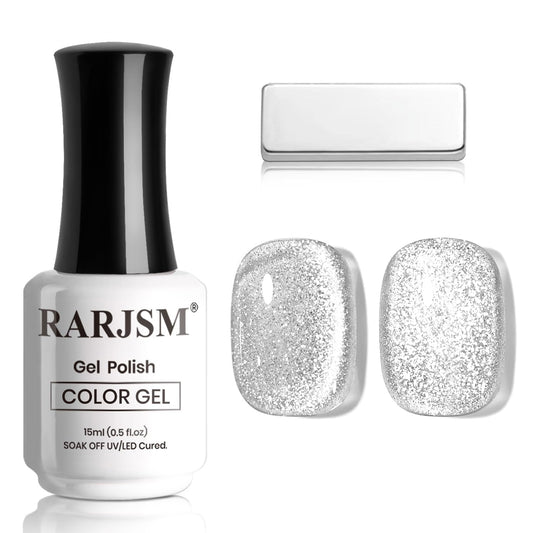 RARJSM Silver Cat Eye Gel Nail Polish with Magnet Stick Reflective Sparkle Translucent Clear White Glitter Cateye Gel Polish 15ml Single Bottle UV LED Curing Requires Soak Off for Home Salon