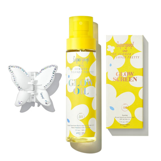 Supergoop! x The Summer I Turned Pretty Summer Glow-Up SPF Set - Includes Glowscreen SPF 40, Glow Oil SPF 50 & Butterfly Hair Clip