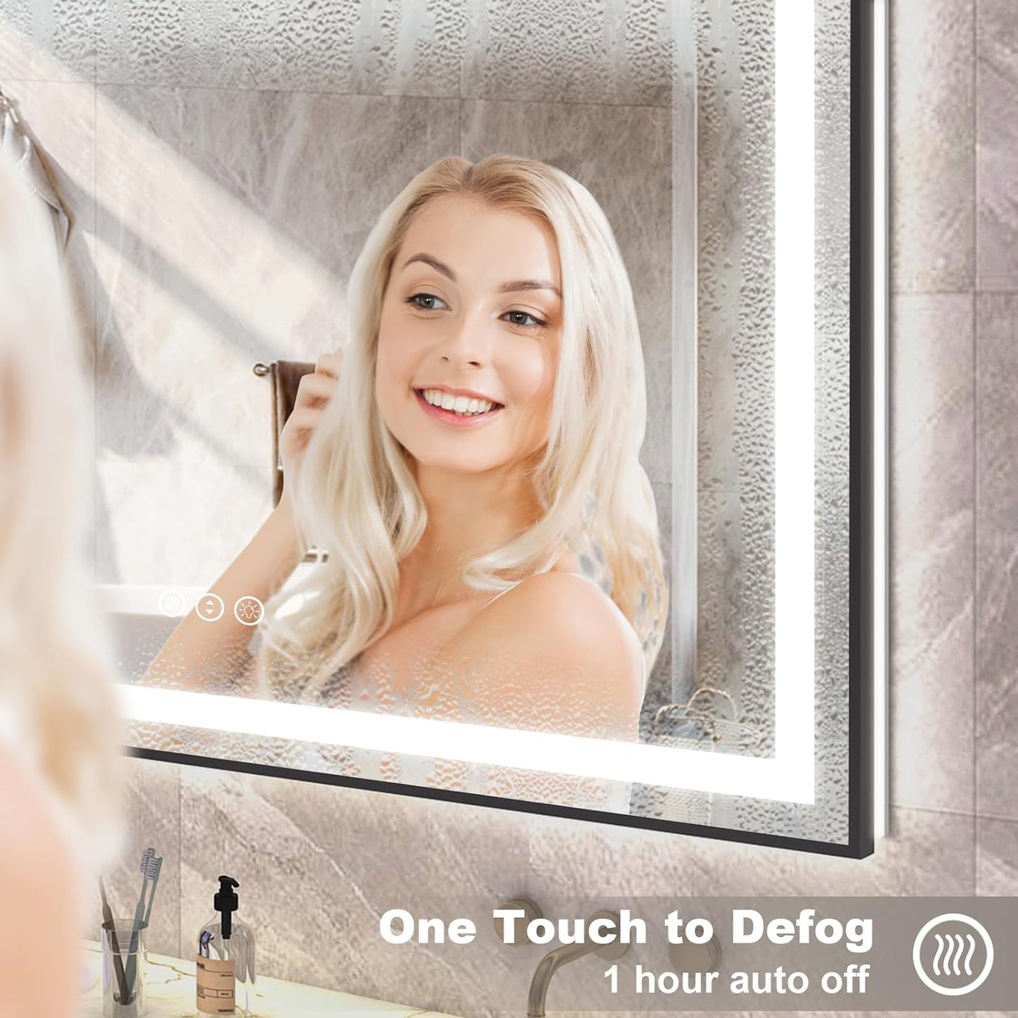 OKPAL 28x32 LED Bathroom Mirror with Lights, Black Lighted Mirrors for Bathroom Wall, Front and Backlit, Anti-Fog, Dimmable, Shatterproof, 3 Colors, Memory, Horizontal/Vertical