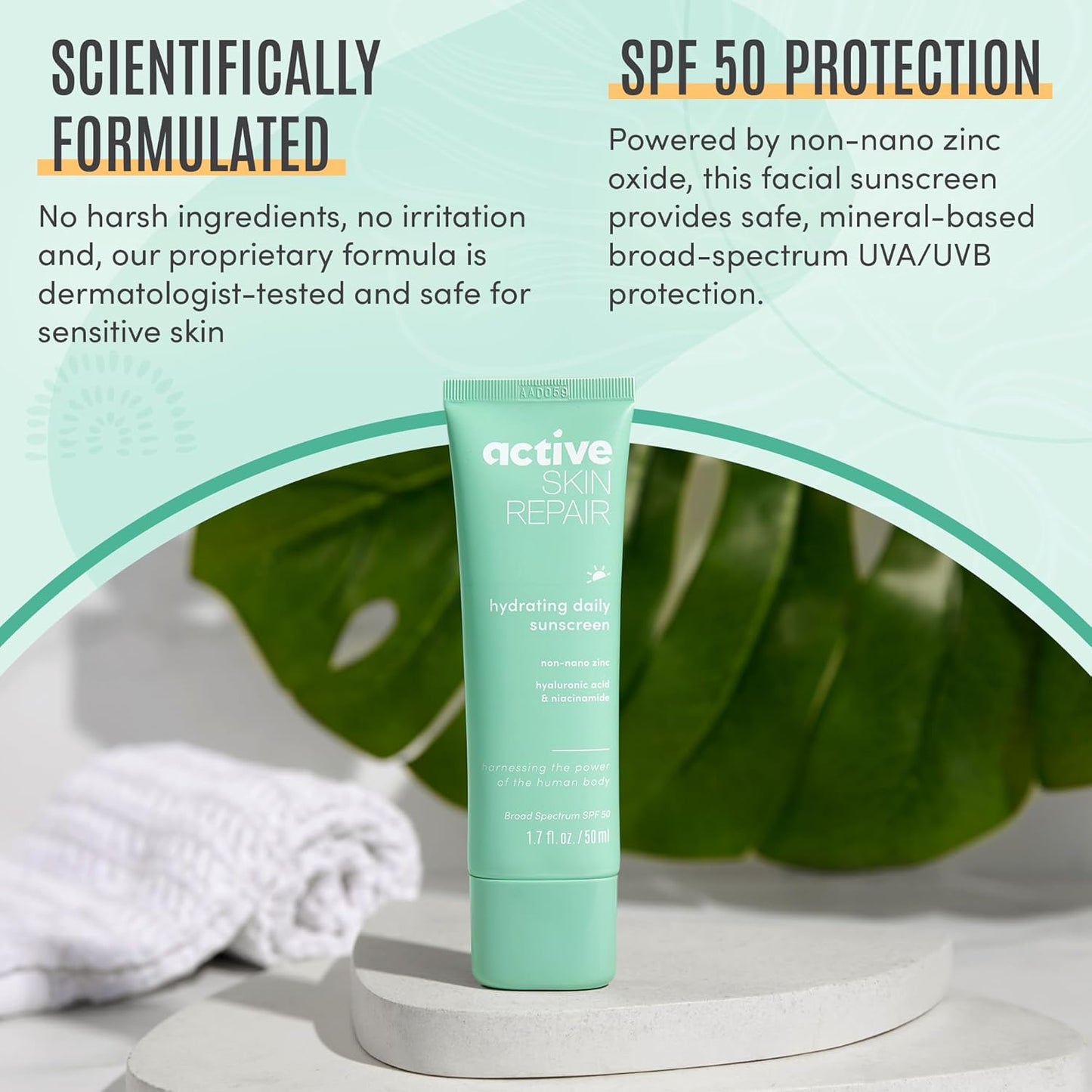 Active Skin Repair SPF 50 Hydrating Daily Sunscreen and Face Moisturizer, Non-Nano Zinc, Non-Toxic Broad Spectrum Protection Hydrating Mineral Facial Sunscreen, 1.7 fl. oz.