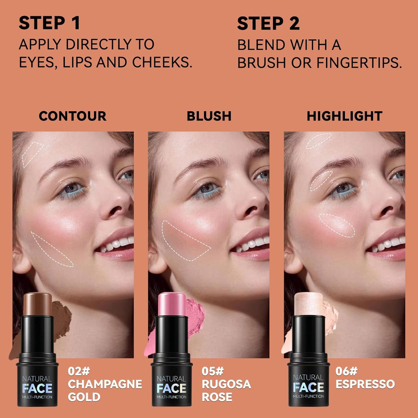 3Pcs Cream Contour Stick Makeup Kit, Shades with Highlighter, Blush and Bronzer Contour Stick for Sculpt the Cheeks, Long Lasting, Waterproof, Matte & Dewy Finish LIGHT MEDIUM(2+5+6)