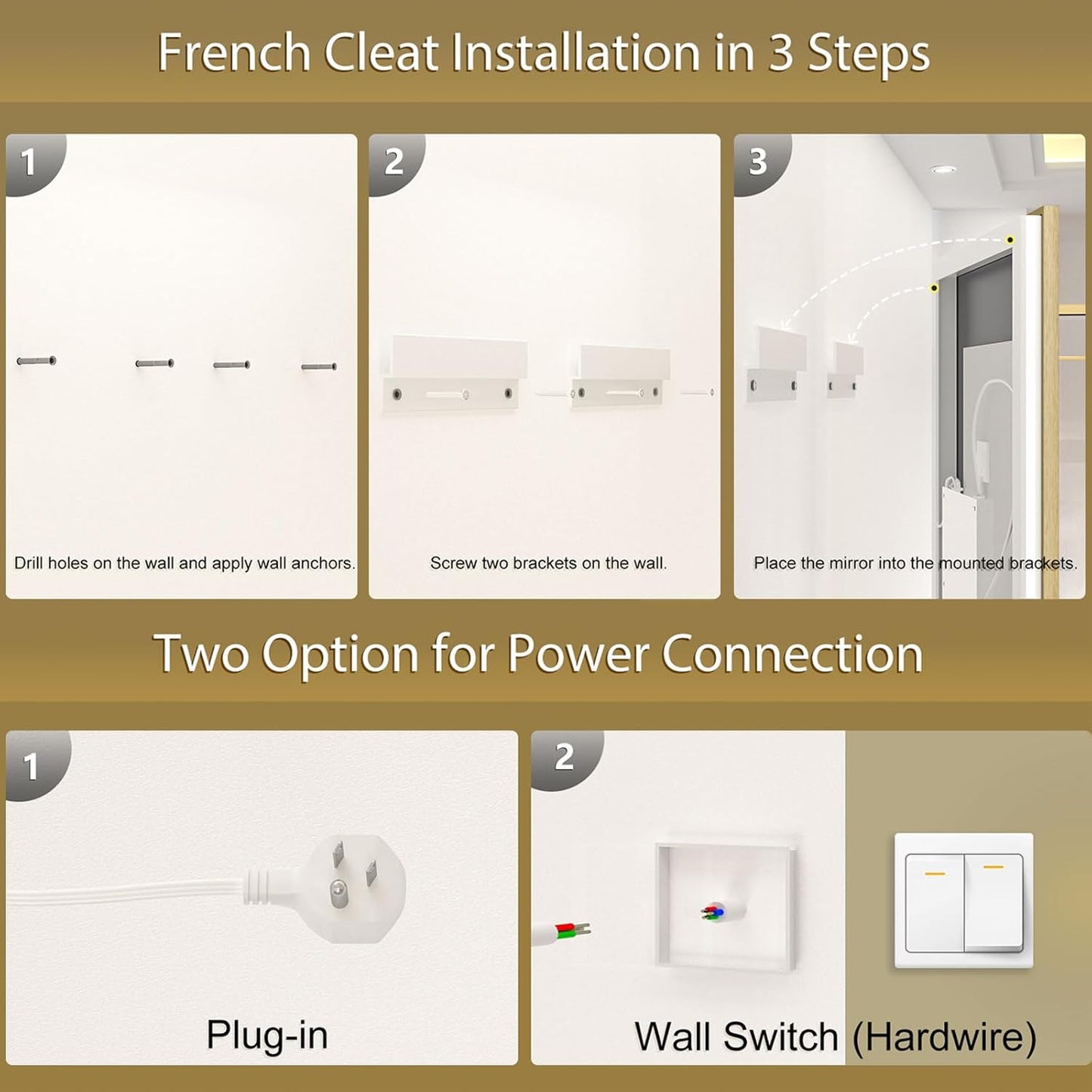 OKPAL 50x30 Gold LED Bathroom Mirror with Lights, Frontlit & Backlit Lighted Bathroom Mirror, LED Vanity Framed Mirror, Anti-Fog, Dimmable, 3 Colors, Shatterproof, ETL Listed