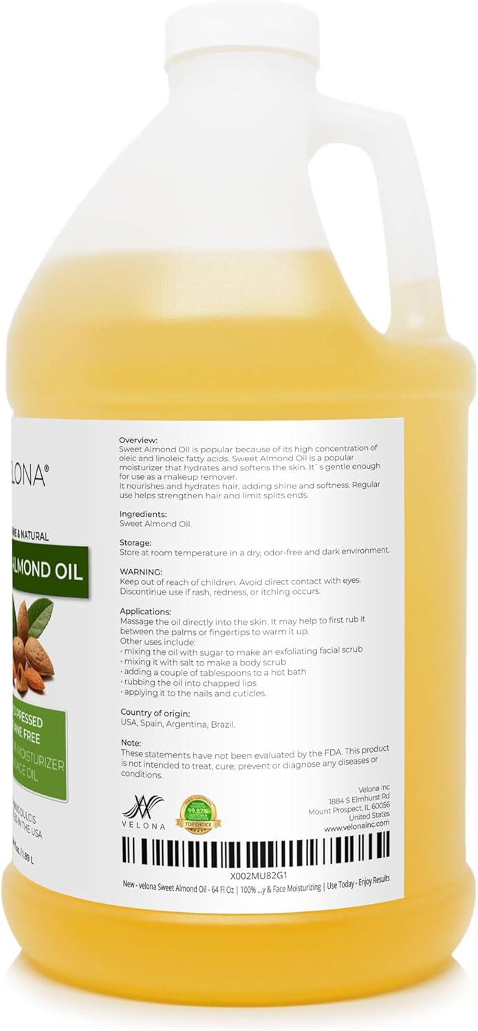 velona Sweet Almond Oil - 64 Fl Oz | 100% Pure and Natural Carrier Oil |Cold Pressed | Skin, Hair, Body & Face Moisturizing | Use Today - Enjoy Results…