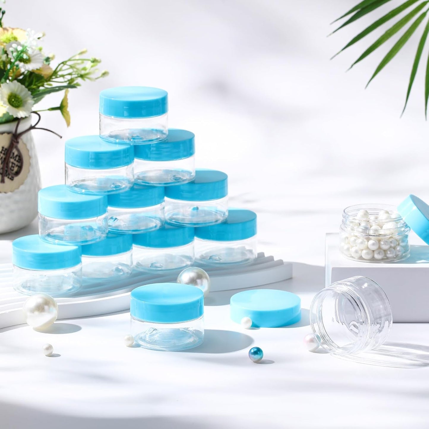 SATINIOR 100 Pcs Plastic Jars with Lids Small Containers Lids Wide Mouth Small Plastic Containers for Lotion Cream Rhinestones Body Butters Travel Storage(8 oz, Blue)
