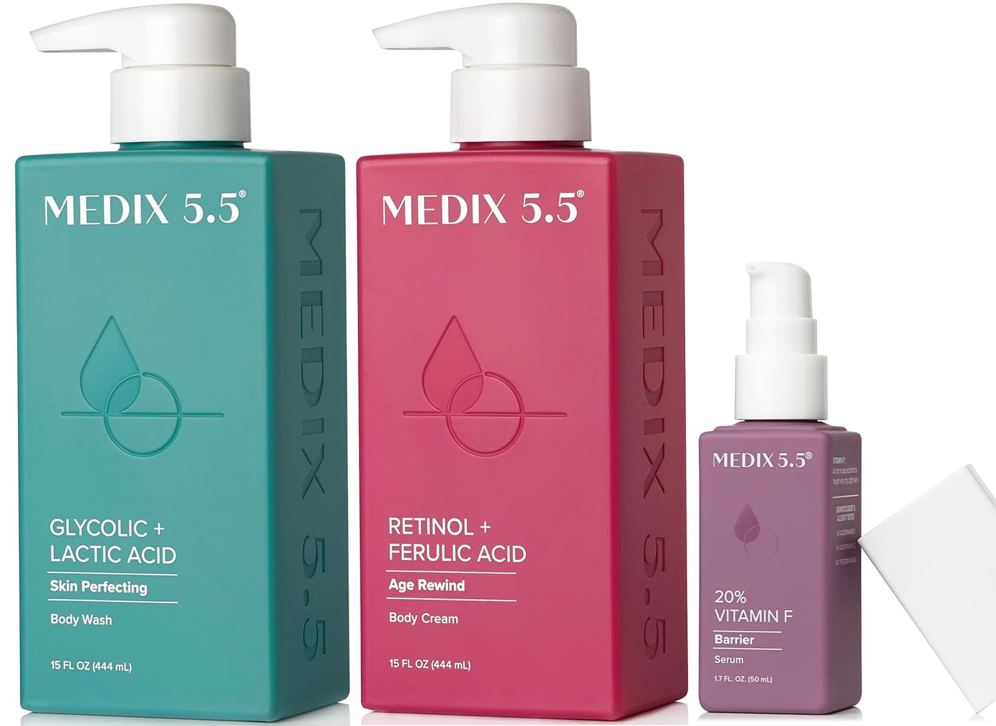 MEDIX Anti Aging Skin Care 3PC Set | Retinol Body Cream + Exfoliating AHA Glycolic Acid Foaming Face & Body Wash + Vitamin F Booster Serum, Wash + Treat + Hydrate Skincare Set