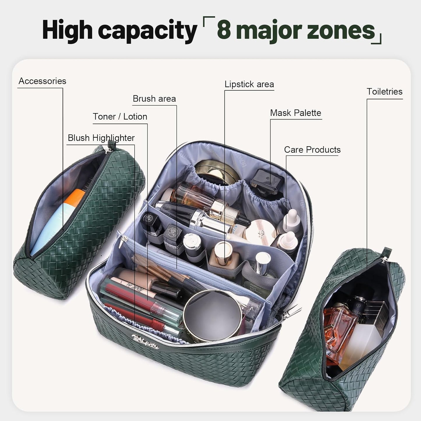 BOYATU Travel Makeup Bag Cosmetic Bags for Women: Large Capacity 3 Pcs Set Make up Bag with Compartments - Waterproof Vegan Leather Toiletry Organizer Bags with Handle - Travel Essentials(L06 Olive)