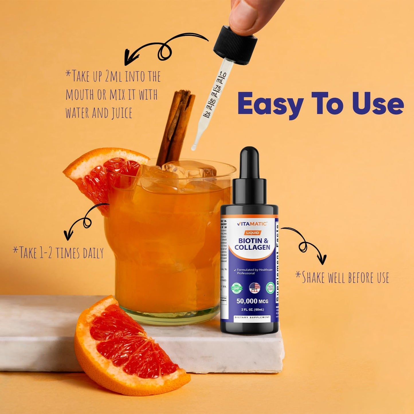 Vitamatic Liquid Biotin & Collagen Drops – 50,000 mcg – 2 fl oz Supports Healthy Hair Growth, Glowing Skin & Strong Nails – for Women and Men