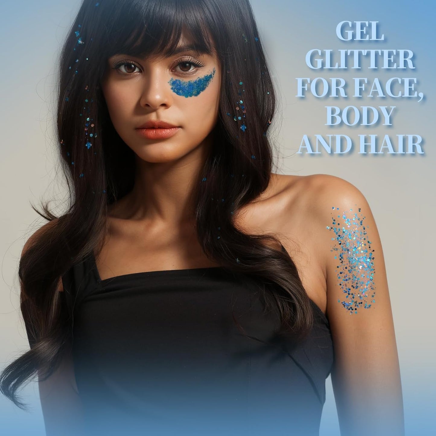 Teenitor Face & Body Glitter - Blue, Hair Glitter Gel, 6 Shapes Festival Makeup Glitter for Face, Hair & Body