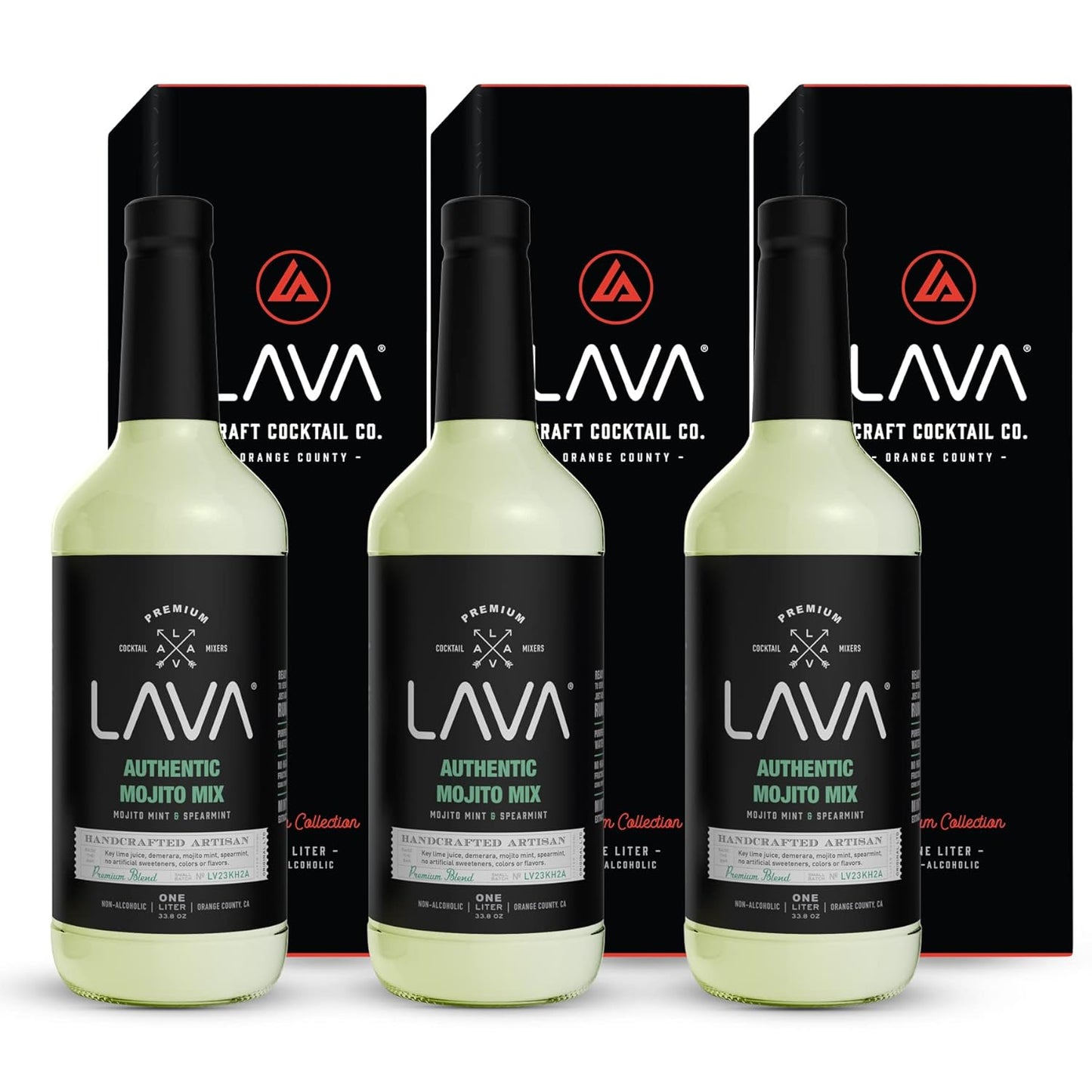 (3 Pack) LAVA Premium Authentic Mojito Mix, Made with Real Lime Juice, Mojito Mint, Spearmint, Demerara, Cane Sugar, Refreshing Rum Mojito Mixer. Ready to Use. 1-Liter (33.8oz) Glass Bottle
