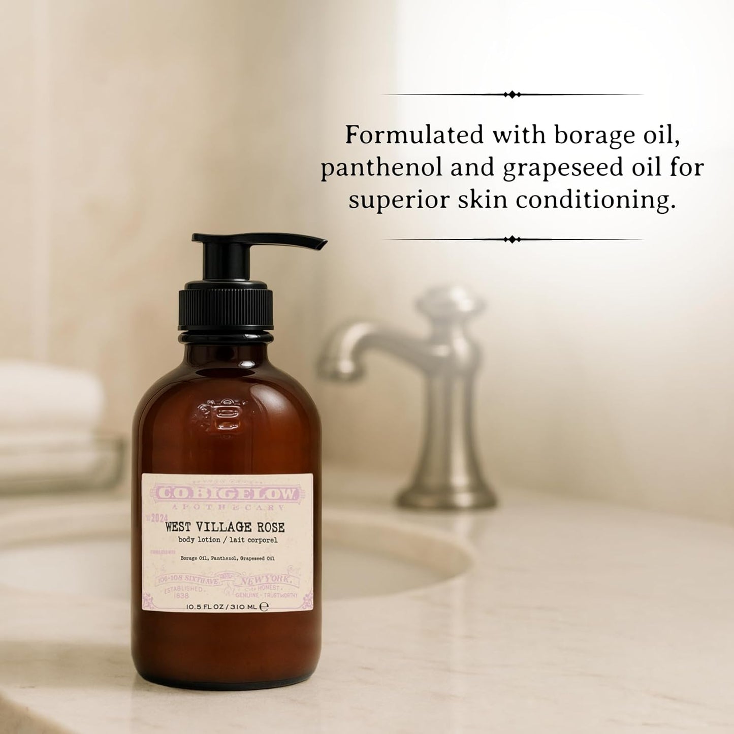 C.O. Bigelow West Village Rose Body Lotion, Iconic Collection Moisturizing Body Lotion with Shea Butter, Borage Oil & Grapeseed Oil, 10.5 Fl Oz