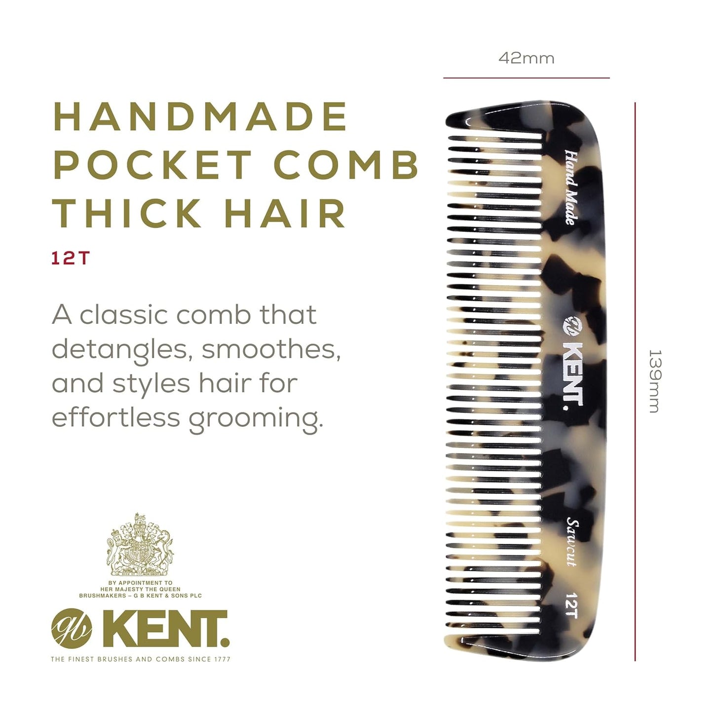 Kent 12T TW Wide Tooth Detangling Comb - Handmade Large Pocket Comb for Thick, Curly, and Wavy Hair Grooming - Saw-Cut Beard and Mustache Comb