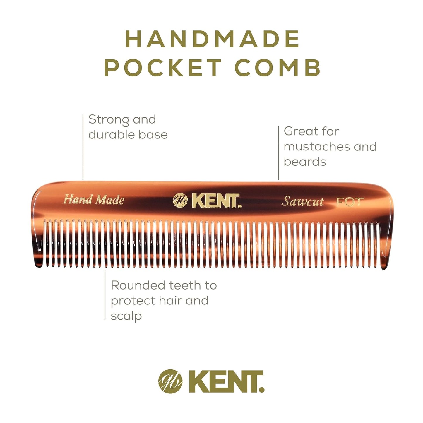 Kent FOT Tortoise Fine Tooth Handmade Pocket Comb for Men, Women and Kids, Hair Comb Straightener for Everyday Grooming and Styling, Beard and Mustache, Saw Cut and Hand Polished, Made in England