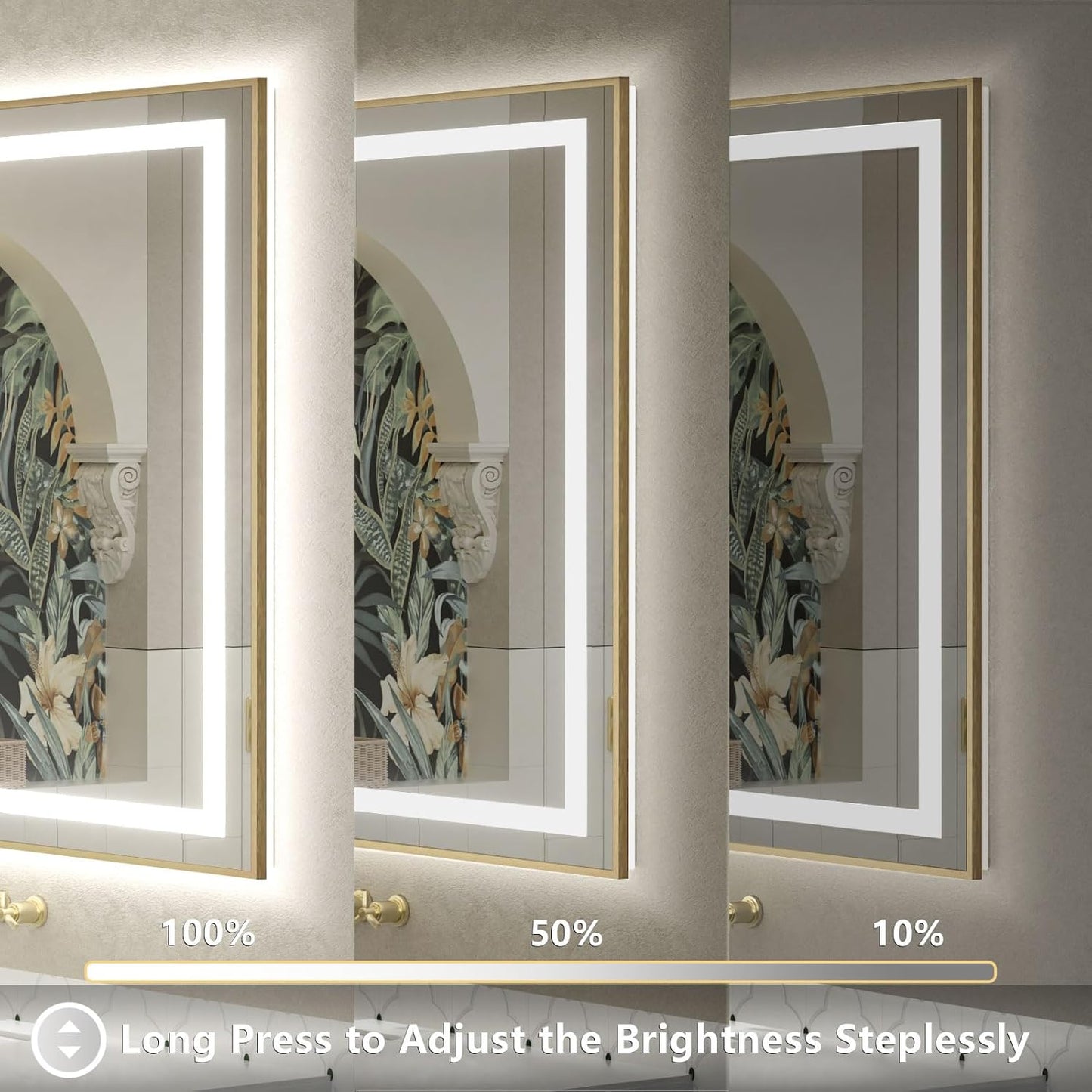 OKPAL 40x24 Gold LED Bathroom Mirror with Lights, Frontlit & Backlit Metal Framed Mirror, Lighted Bathroom Vanity Mirror, Anti-Fog, Dimmable 3 Colors, Shatterproof, Horizontal/Vertical