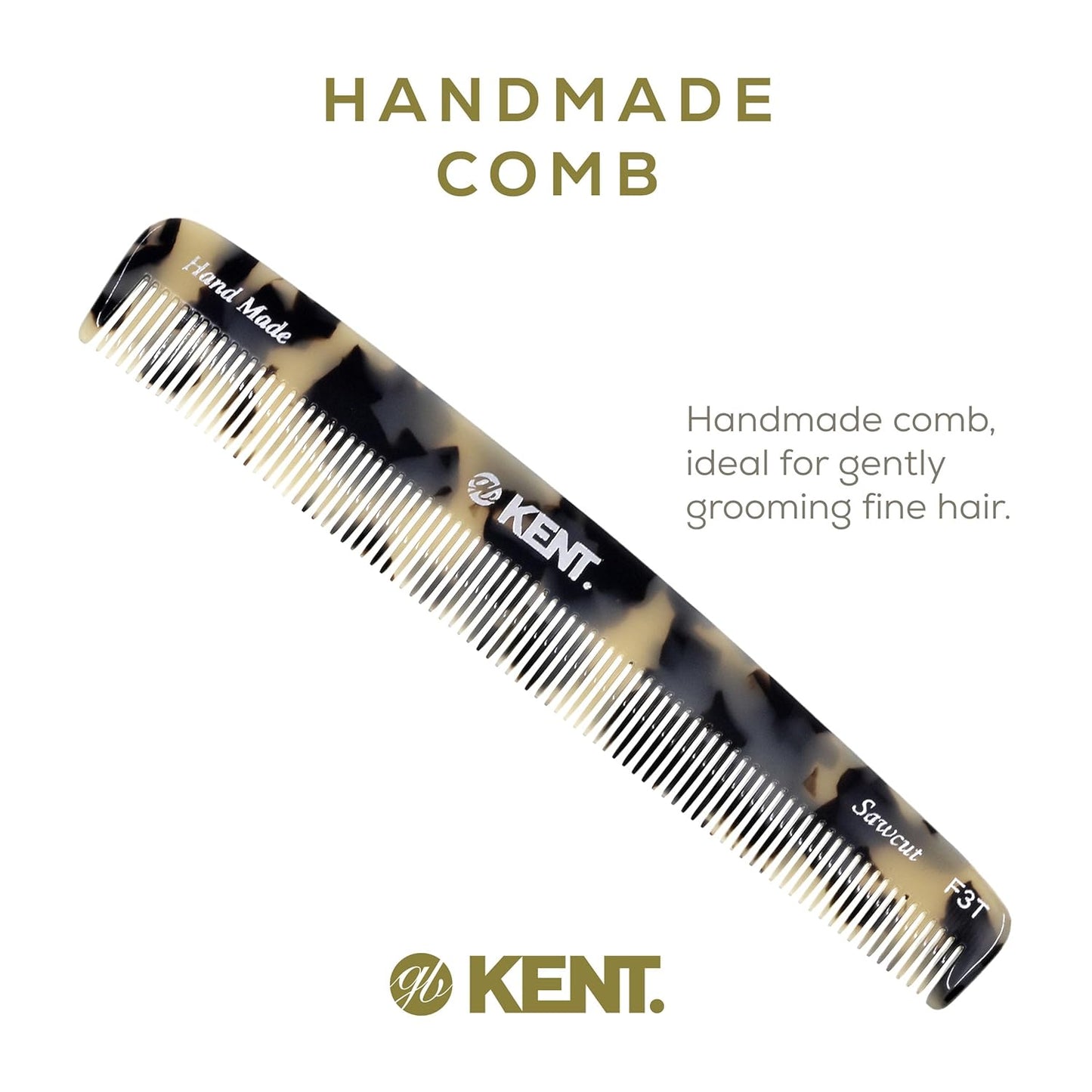 Kent F3TW Fine Tooth Comb - Hair Parting and Straightening Comb for Men's & Women's Dandruff Remover, Saw Cut and Hand Polished Made in England