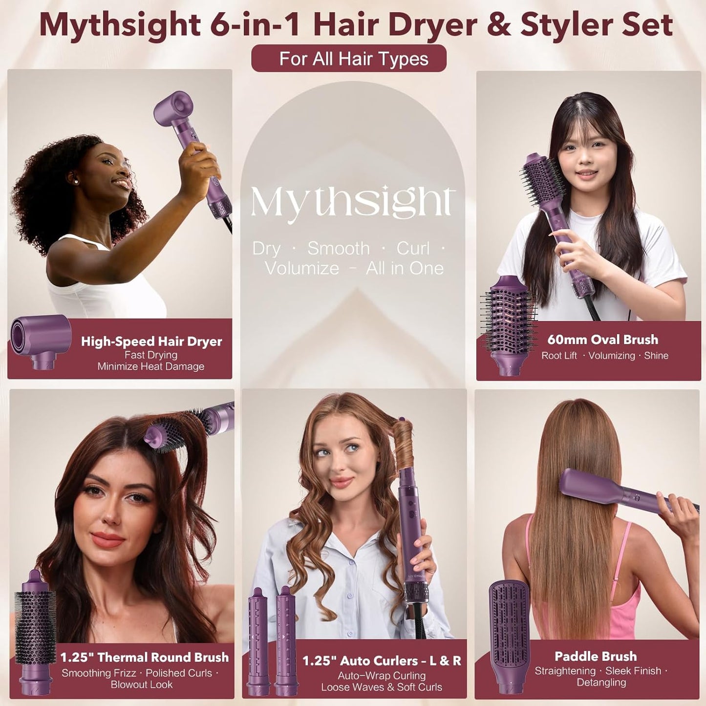 StyleVibe 6-in-1 Multi-Styler, Blow Dryer Brush & Thermal Brush with Auto Wrap Curl L/R, Fast Drying, Smooth Blowouts, Root-Lift Volume, No Heat Damage Frizz-Free Air Styler with Travel Bag
