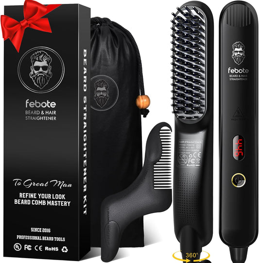 Heated Ionic Hair Straightening Brush for Men - 5 Temperature Settings, Anti-Scald, Beard Shaper & Travel Bag