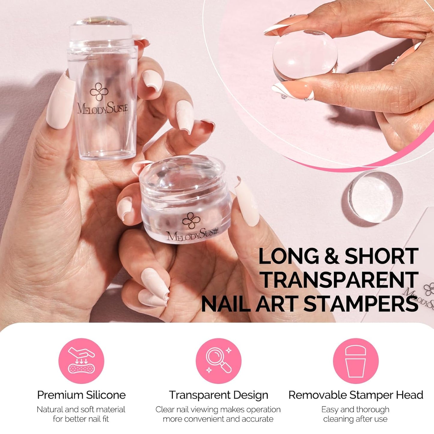 MelodySusie French Nail Stamper Kit, Silicone Stampers with Scrapers, 4PCS DIY Home Nail Design Salon, Clear