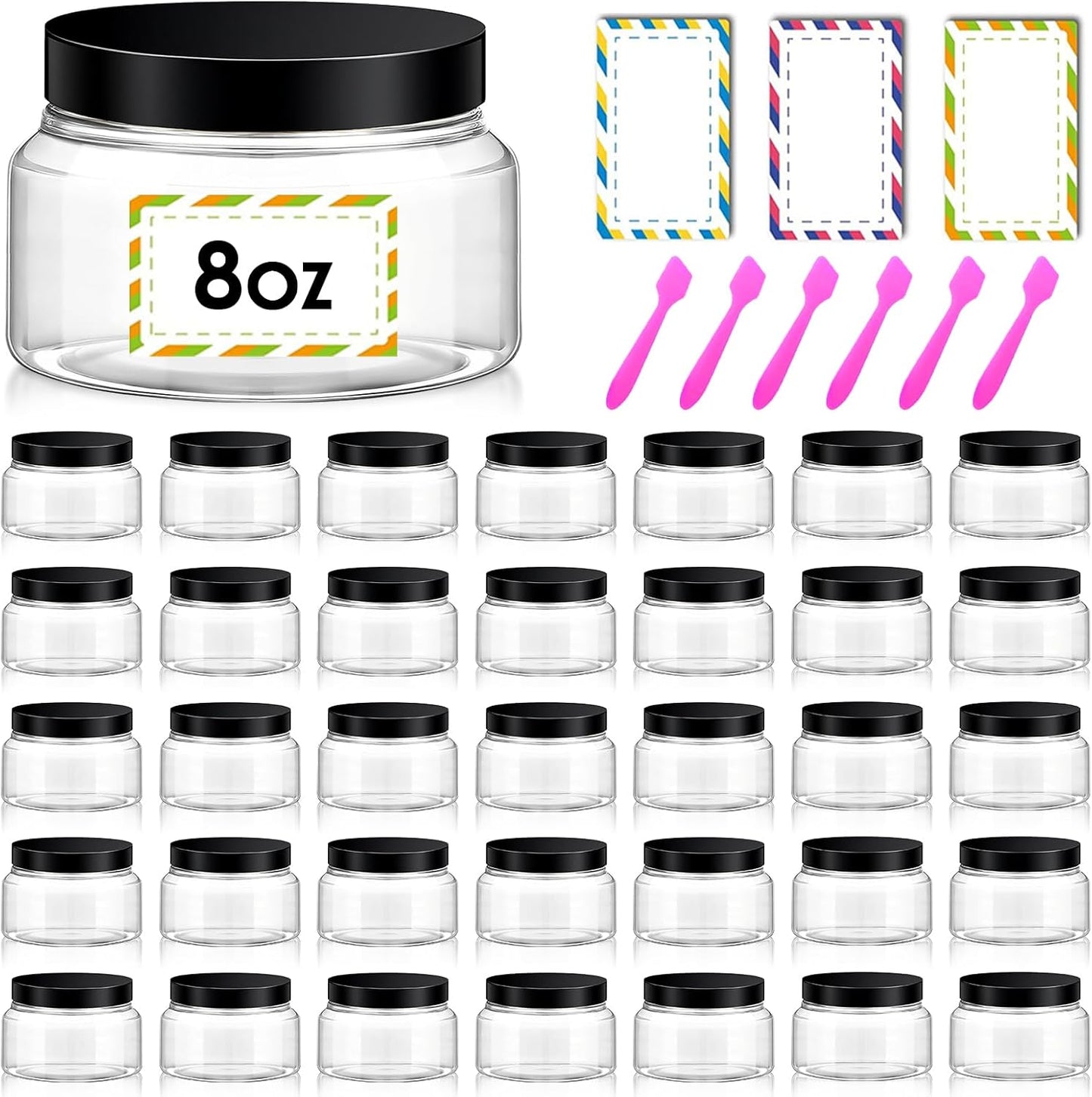 36 Pack 8 oz Plastic Cosmetic Containers With Lids Refillable Clear Empty Travle Jars Containers for Body Butter,Sugar Scrubs,Cream,Lotions,Candy, Waterproof Label&Spatulas - (Black Lid)