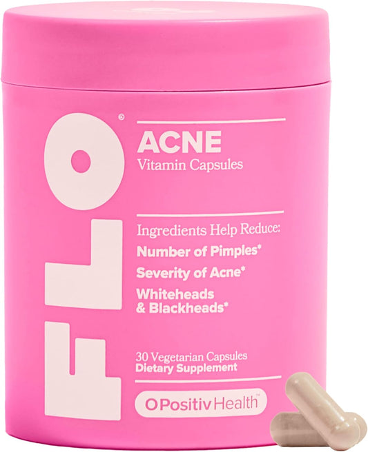 O Positiv FLO Acne Capsules – Reduce Number and Severity of Pimples, Whiteheads, Blackheads, and Pustules on Face, Back, and Body – Colostrum-Derived Lactoferrin, Zinc and Vitamin E – 30 Servings