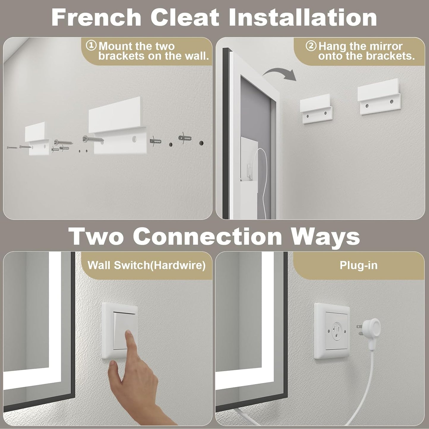 OKPAL 60x36 LED Bathroom Mirror with Lights, Lighted Mirrors for Bathroom Wall, Black Lighted Bathroom Mirror, Dimmable, Anti-Fog, Memory, Shatterproof, ETL Listed (Front Lights and Backlit)