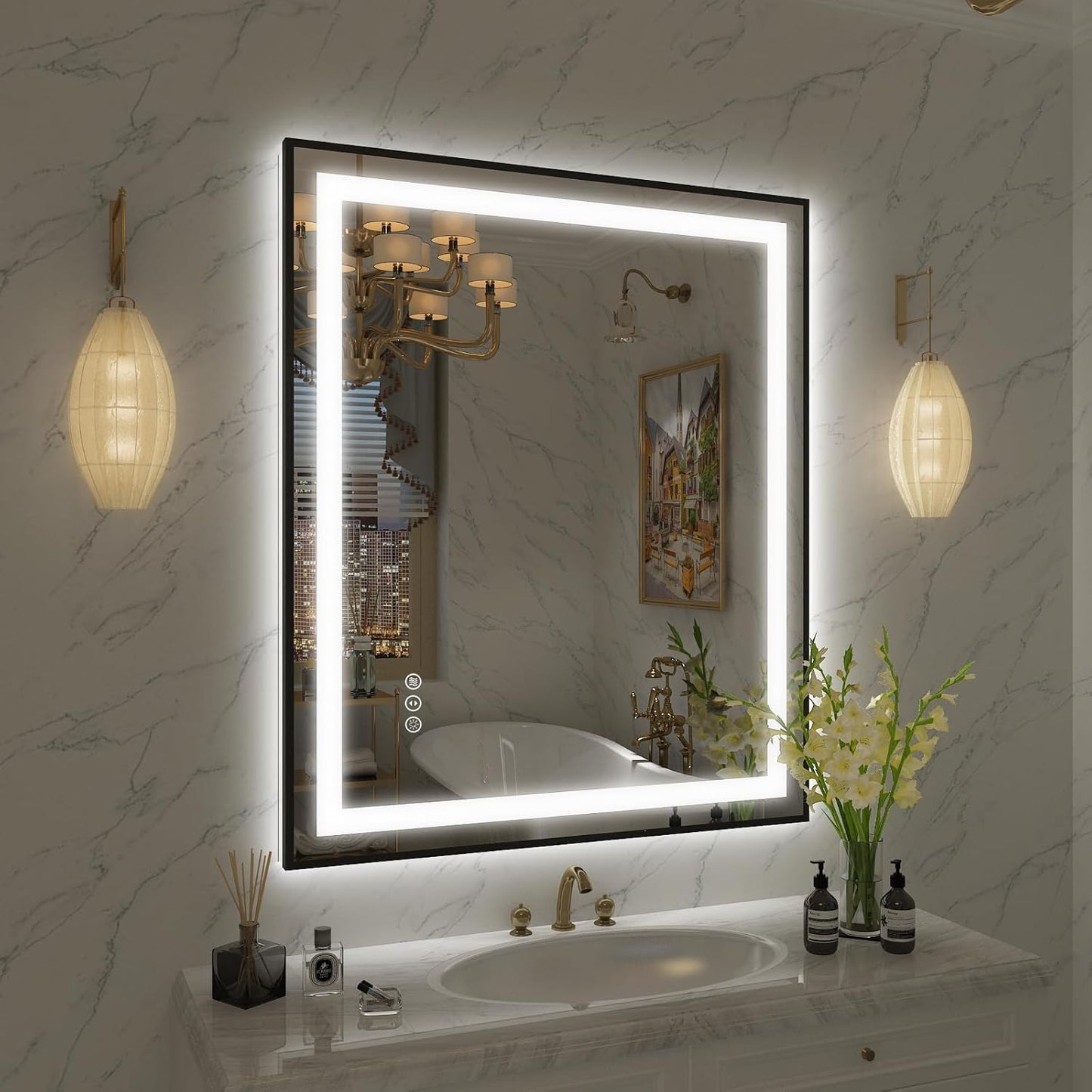 OKPAL 30x36 Framed LED Bathroom Mirror, Black Lighted Mirrors for Bathroom Wall, Front and Backlit LED Vanity Mirror, Dimmable, Anti-Fog, Memory, Shatterproof, Horizontal/Vertical