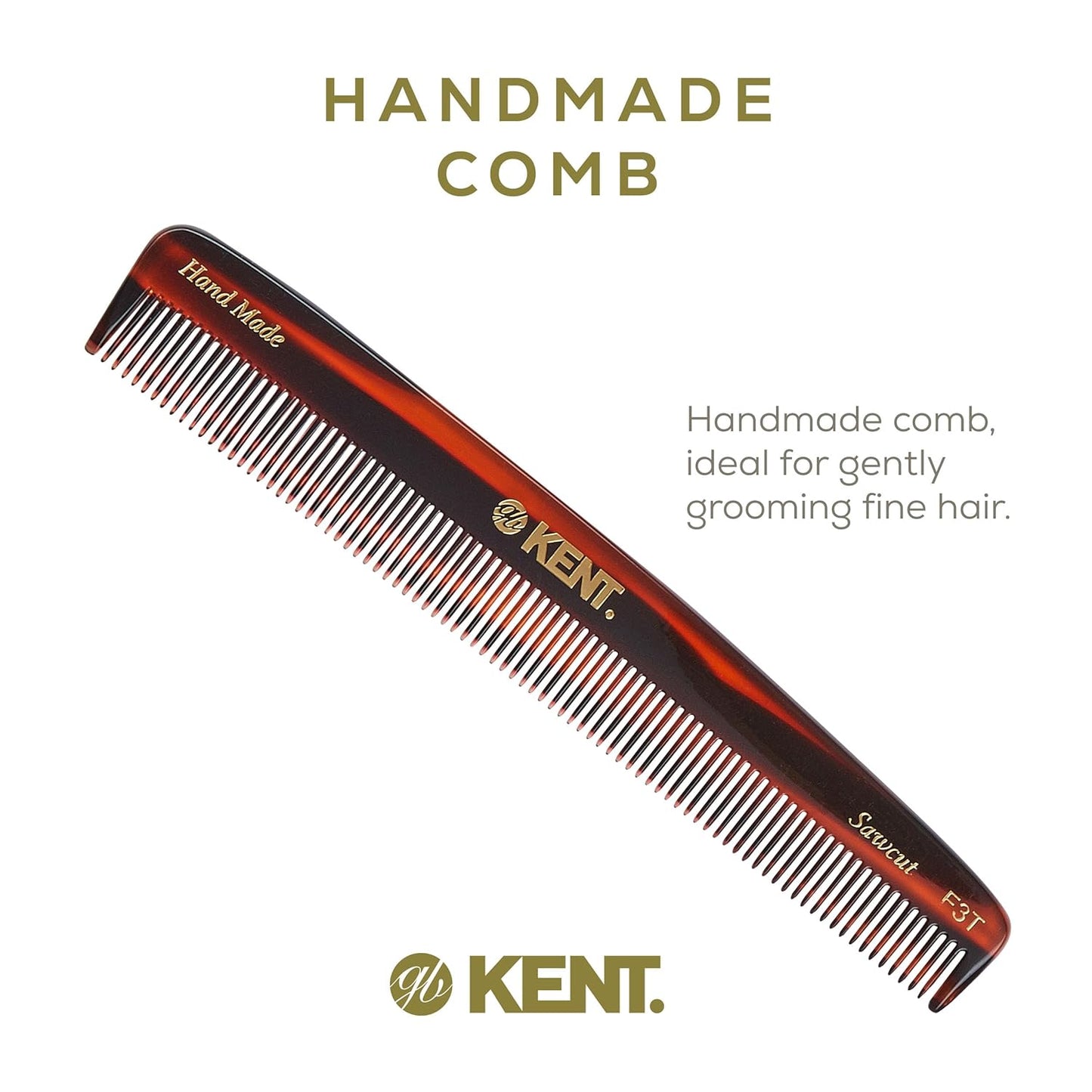 Kent F3T Tortoise Fine Tooth Comb - Hair Parting and Straightening Comb for Men's & Women's Dandruff Remover, Saw Cut and Hand Polished Made in England