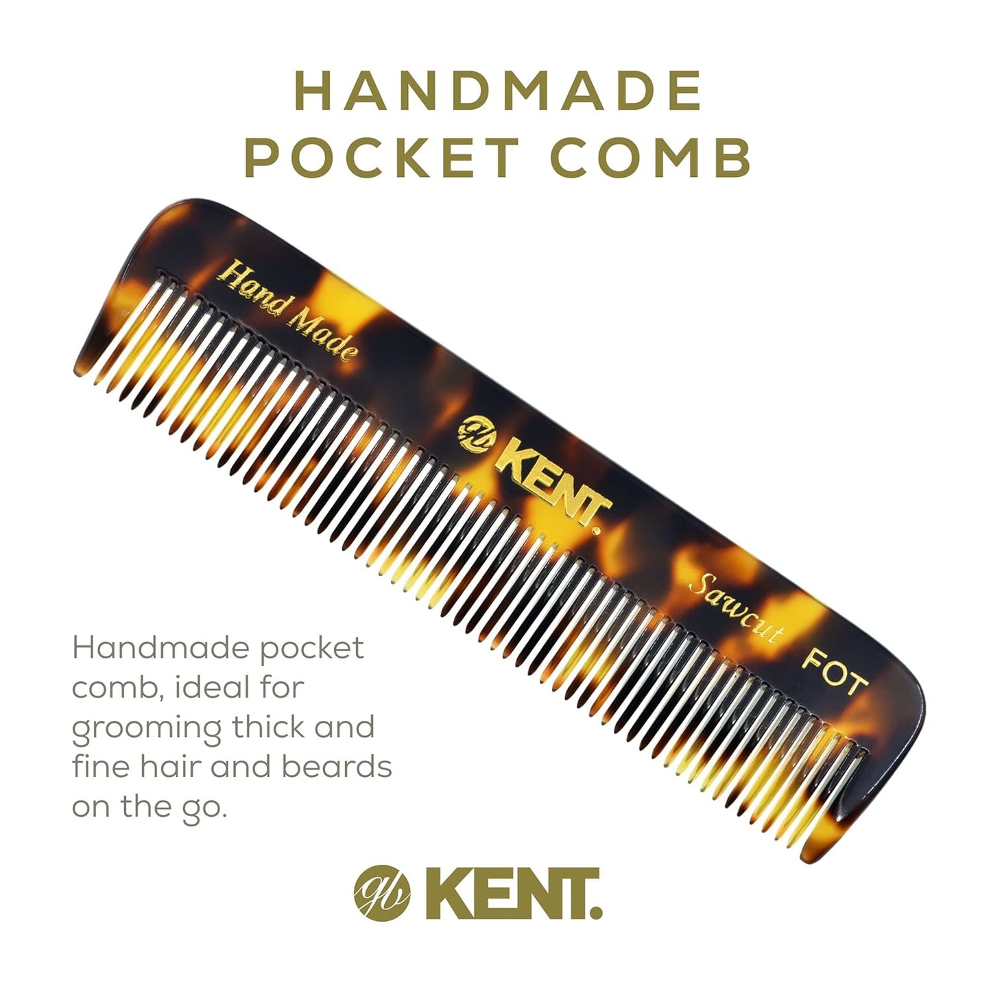Kent FOT Tokyo Yellow Fine Tooth Comb for Men - Handmade Pocket Comb for Travel, Styling, Fine or Thinning Hair, Mustache and Beard Care Handpolished Saw-Cut Made in England