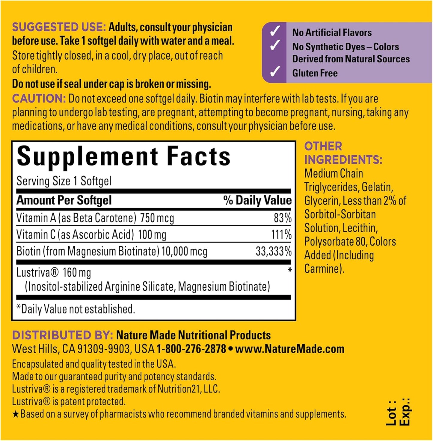 Nature Made Hair Growth Softgels with Lustriva, Biotin, Vitamin C & A, Support Healthy Hair as You Age, 30 Softgels, 30 Day Supply