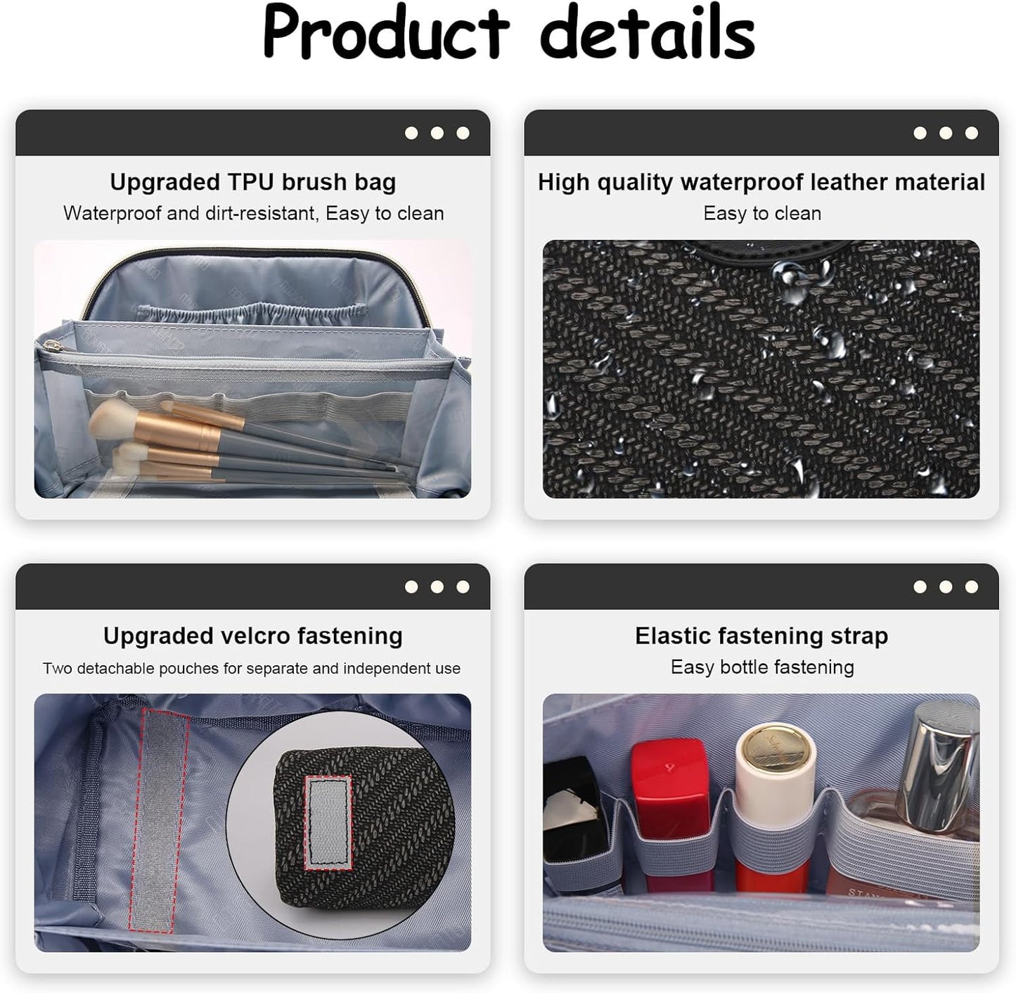 BOYATU Travel Makeup Bags for Women: Large Cosmetic Bag Waterproof - Vegan Leather Make up Bag Set of 3 - Compact Toiletry Organizer with Compartments & Handle & Divider (Z-Black)