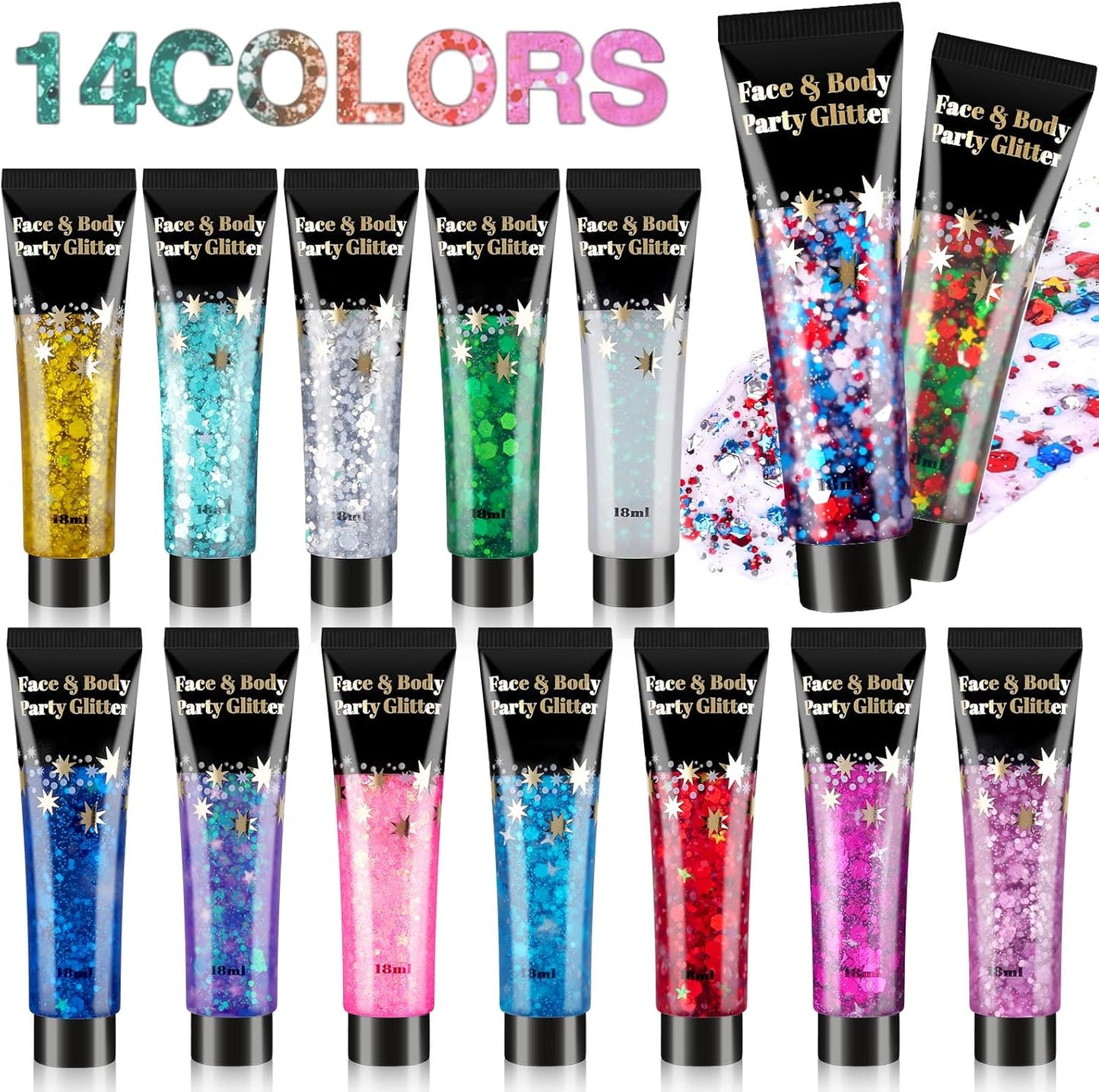 AROIC 14 Colors Body Glitter, Face & Hair Glitter Gel Set for Festival, Eye Shimmer for Women Glow in The Dark Rave Accessories Party Supplies, Face Paint Hair/Cheek/Eyelid Sparkle Makeup(18ml/Tube)
