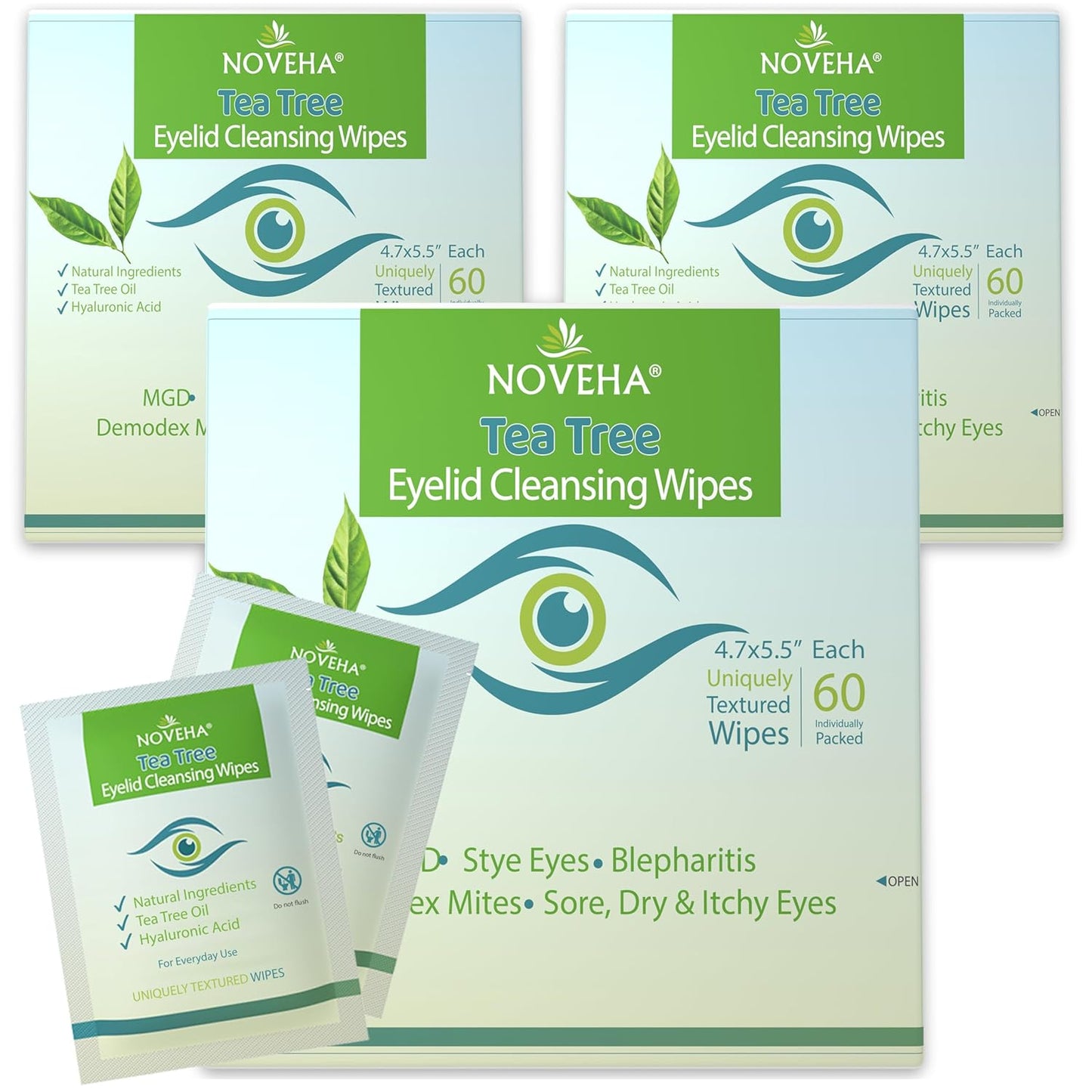 NOVEHA Tea Tree Oil Eyelid & Lash Wipes With Hyaluronic Acid, Green Tea & Chamomile For Blepharitis & Itchy Eyes, Individually Wrapped Eyelash Wipes Natural Makeup Remover & Daily Cleanser (Pack of 3)