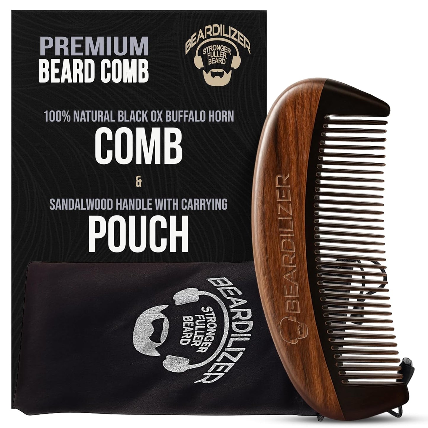 Beardilizer Premium Beard Comb for Men - 100% Natural Black Ox Buffalo Horn & Sandalwood Handle with Carrying Pouch, Professional Anti-Static Fine and Coarse Teeth