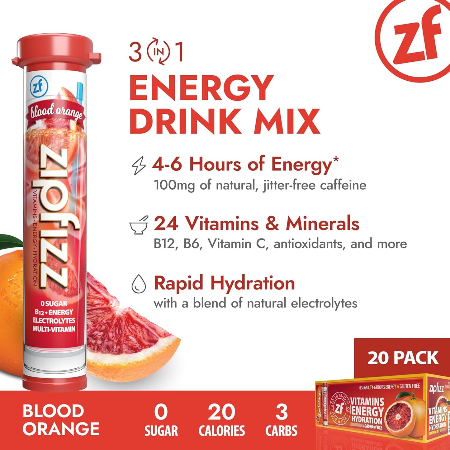 Zipfizz Daily Energy Drink Powder, Blood Orange, 20 Pack | 3-in-1 Sustained Energy, Rapid Hydration, and Essential Vitamins | Sugar-Free | Electrolyte Powder | Contains Vitamin B-12 & Antioxidants