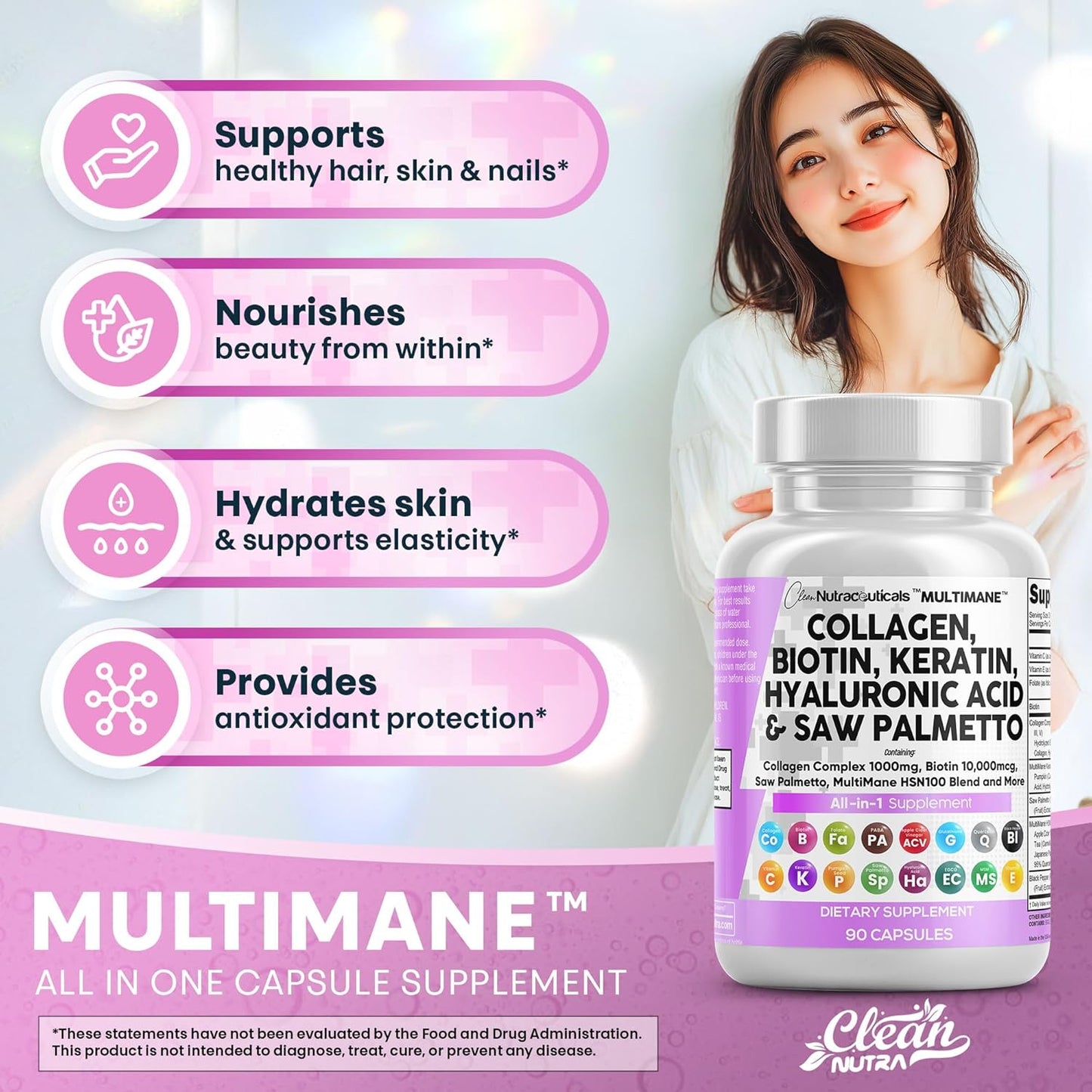 Clean Nutraceuticals Collagen Pills 1000mg Biotin 10000mcg Keratin Saw Palmetto Hyaluronic Acid - Hair Skin & Nails Vitamins & DHT Blocker with Vitamin E Folic Acid Pumpkin Seed MSM - 90 Count