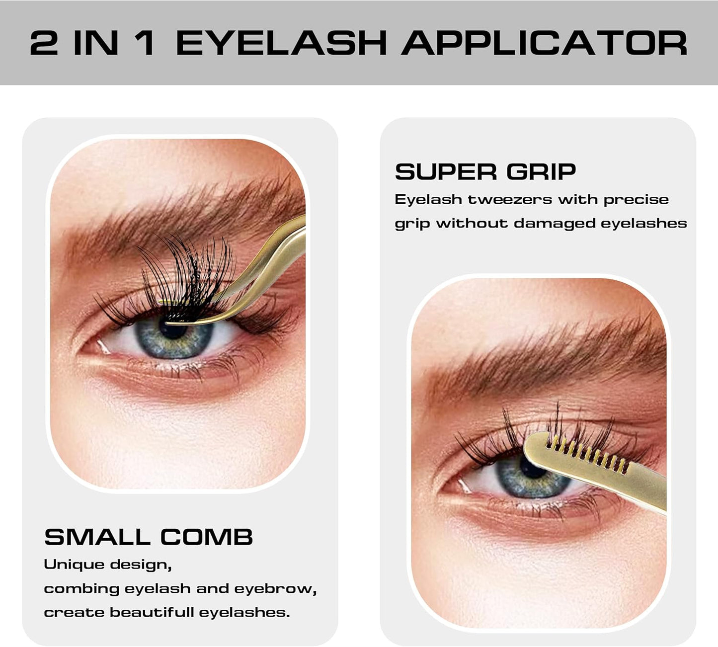 2 in 1 Lash Tweezer with Comb, Eyelash Extension, Stainless Steel Elbow Tweezers, Precise Eyebrow Tweezers Tool, Lashes Tweezer Applicator for DIY Applying False Eyelashes Clusters, Gold