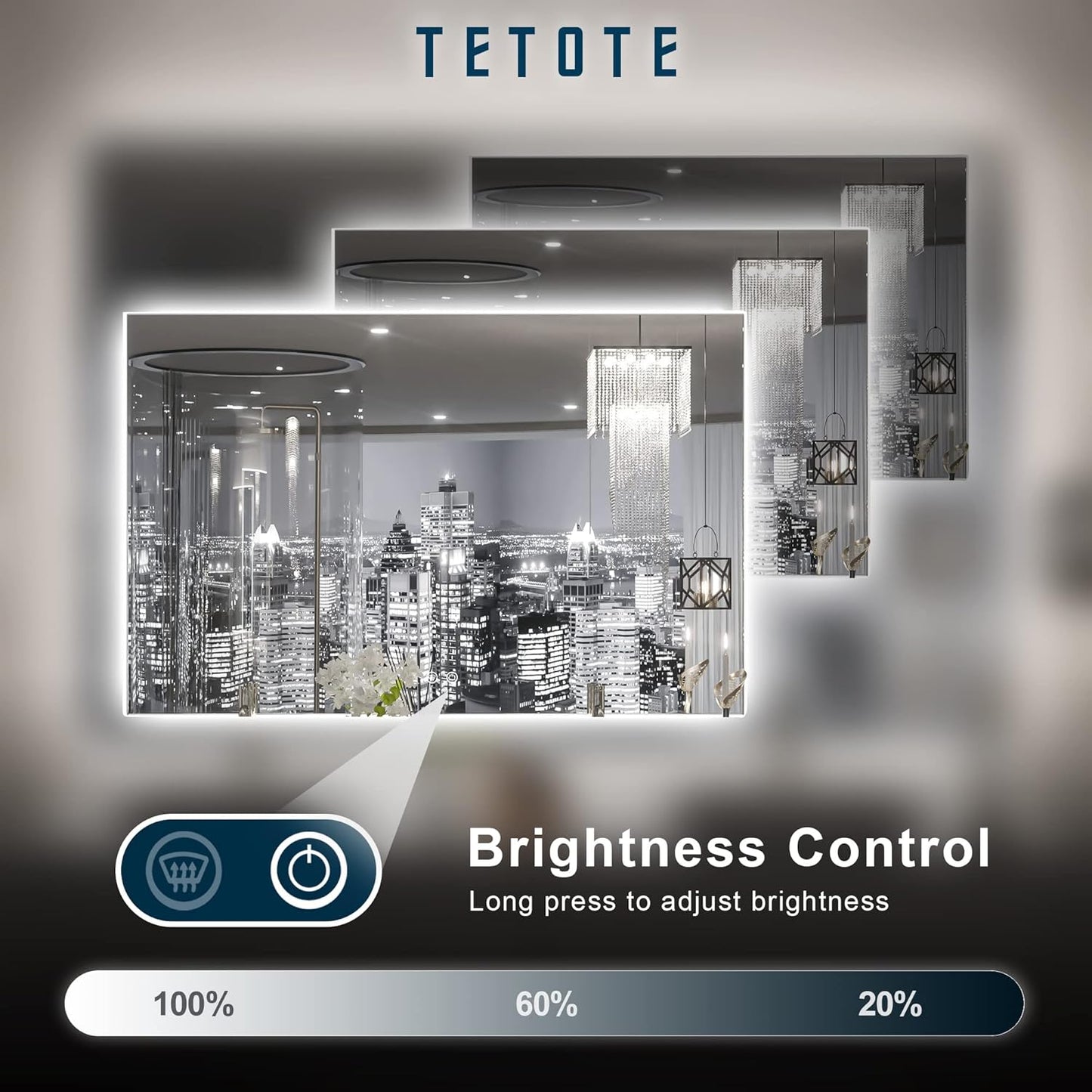 TETOTE 48 x 30 Inch LED Mirror Backlit Bathroom,Anti-Fog Mirror with Light,Dimmable,CRI90+,IP54 Water Proof,Wall Mounted Vanity Lighted Mirror,Horizontal/Vertical