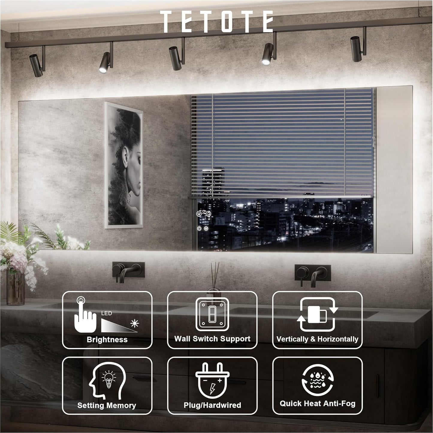 TETOTE 40 x 28 Inch LED Mirror Backlit Bathroom,Anti-Fog Mirror with Light,Dimmable,CRI90+,IP54 Water Proof,Wall Mounted Vanity Lighted,Horizontal/Vertical