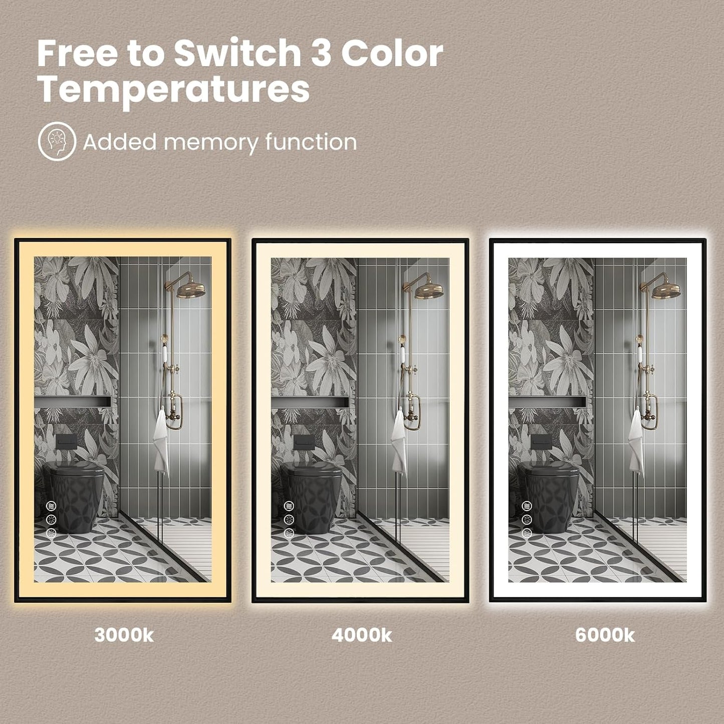 Amorho 24"x 32" LED Bathroom Mirror with Black Frame, Front Light and Backlit(Controlled Separately), Stepless Dimmable, Anti-Fog, Shatter-Proof, 3 Colors, Memory