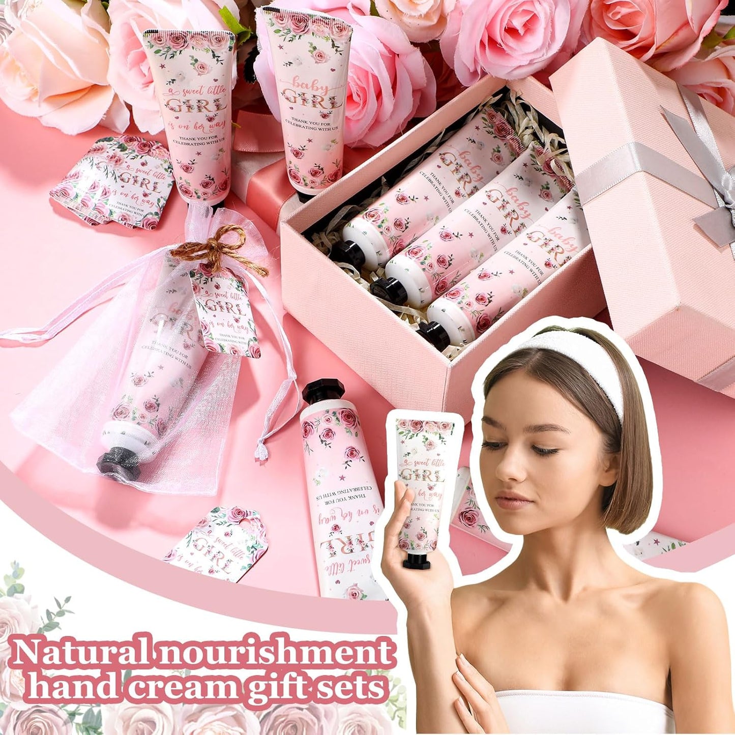 48 Sets Baby Shower Hand Cream Party Favors for Guests Gift Bulk Travel Size Hand Lotion Set for Baby Shower Wedding Christmas(Girl)