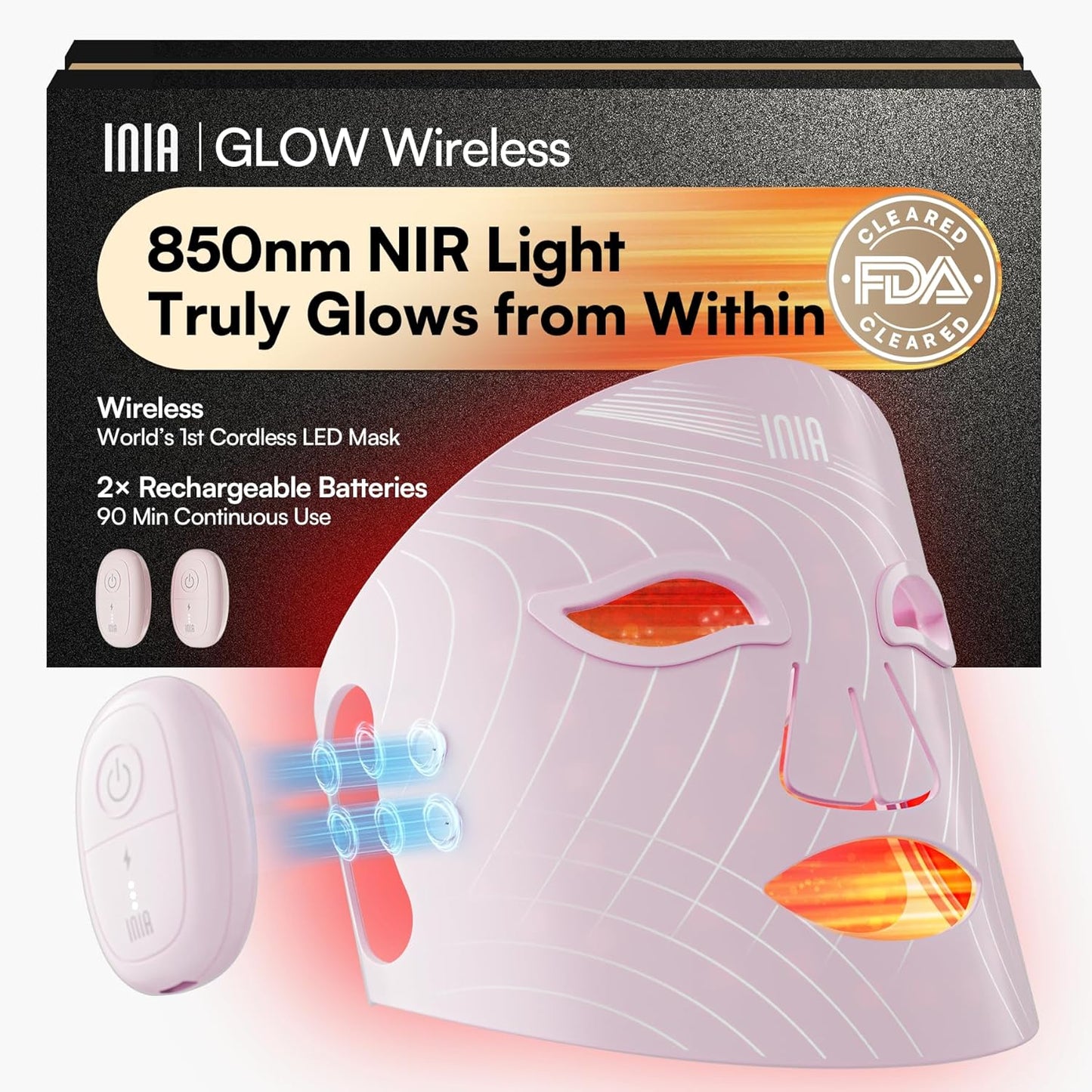 INIA Red Light Therapy Mask for Face, Glow Wireless LED Face Mask Light Therapy with Near-Infrared Red Light (NIR), Rechargeable and Ergonomic Design for Home & Travel