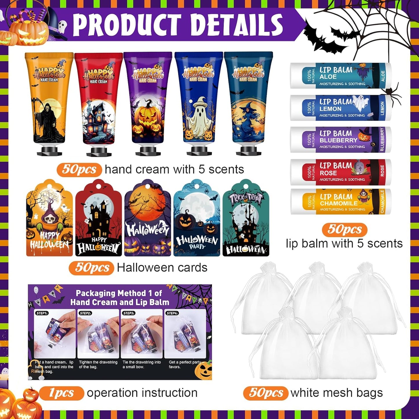 VESPRO 50 Pack Halloween Hand Cream and Lip Balm Set, Bulk Halloween Gifts with Halloween Cards and Organza Bag, Halloween Decorations and Halloween Party Favors Goodies for Women