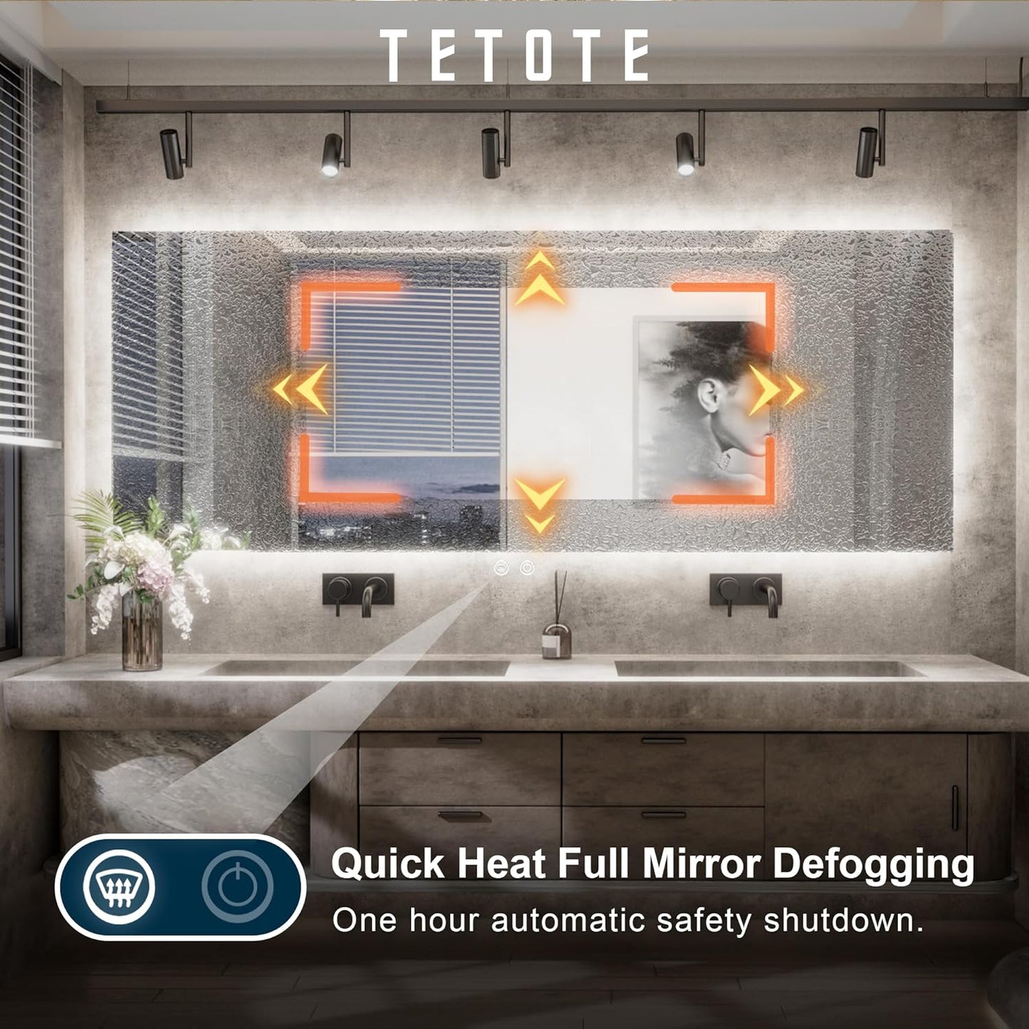 TETOTE 42 x 36 Inch LED Mirror Backlit Bathroom,Anti-Fog Mirror with Light,Dimmable,CRI90+,IP54 Water Proof,Wall Mounted Vanity Lighted,Horizontal/Vertical
