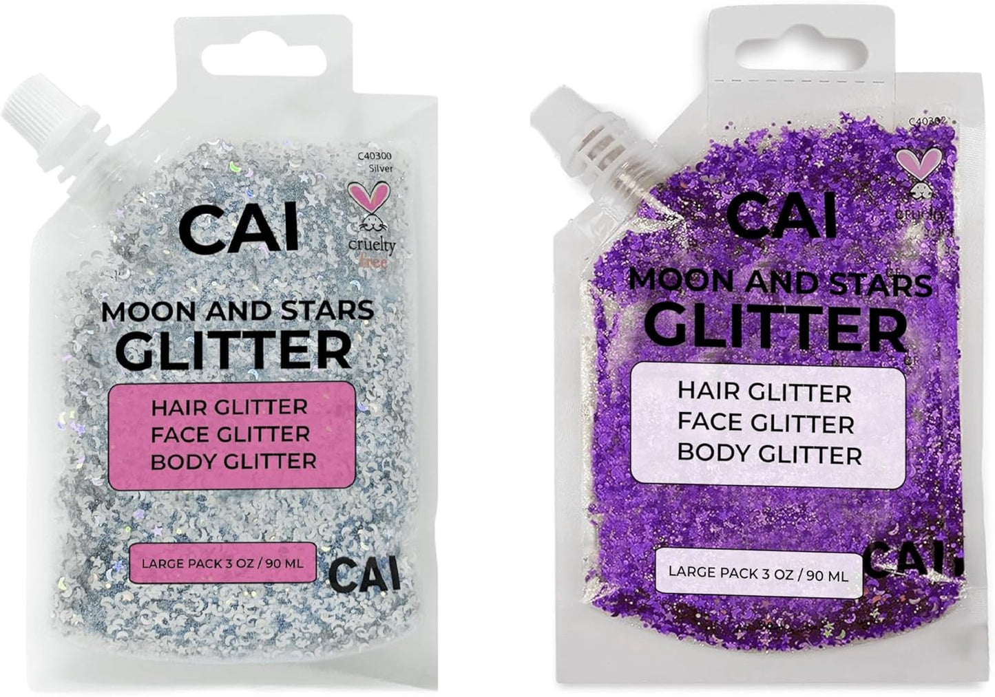 Face, Body & Hair Glitter Gel – Halloween Glitter for Kids and Women – 3 Oz Cosmetic-Grade Gel w/Moon & Stars for Festivals & Halloween Party, Easy Apply & Wash Off - Purple/Silver 2Pack