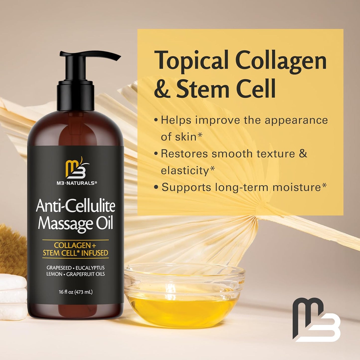 M3 Naturals Firming Body Massage Oil with Collagen & Stem Cell – Helps Smooth The Appearance of Cellulite & Improve Skin Texture – Refreshing Aromatherapy Body Oil for Legs & Full Body – 16 Fl Oz